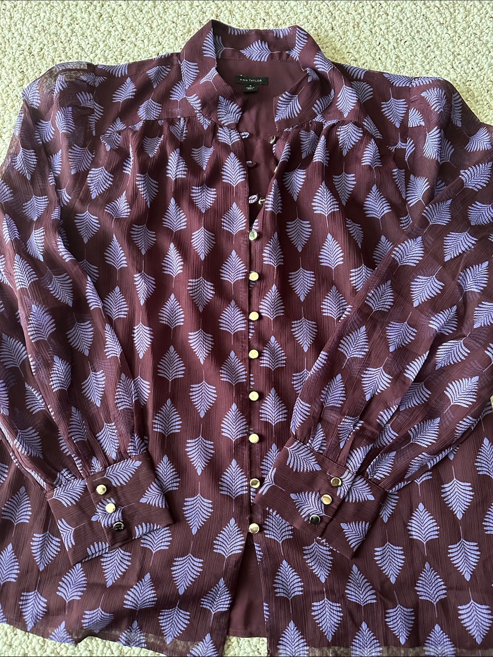 Ann Taylor Maroon Button-Front Blouse with Lavender Leaf Print